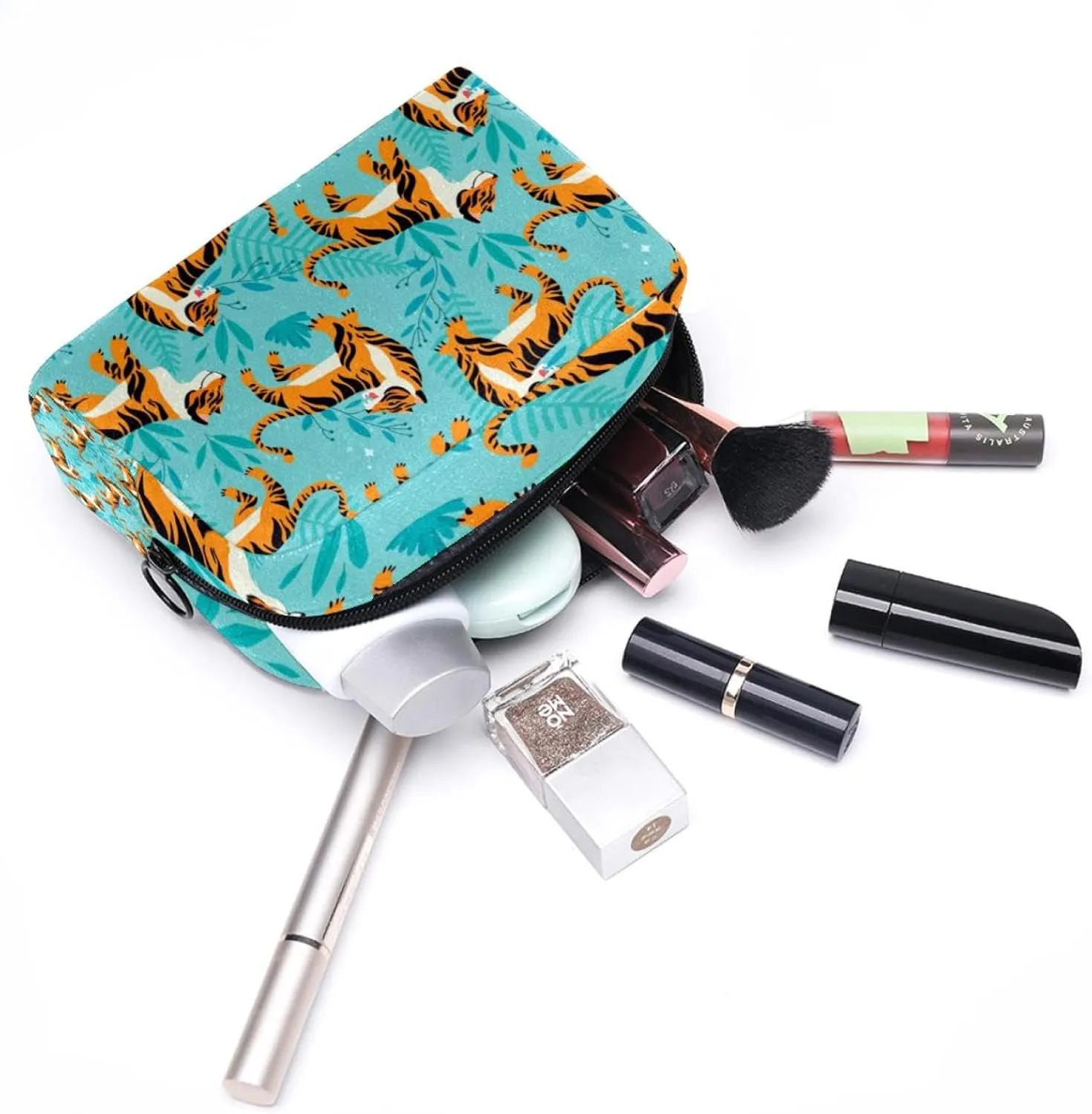 Makeup Organizer Bag, Tiger Pattern Animal Blue Green Leaves Pencil Case Cosmetic Storage Bag Portable Toiletry Pouch for Women, Men, Traveling, School