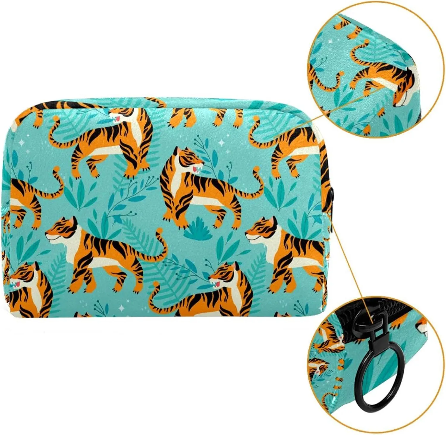 Makeup Organizer Bag, Tiger Pattern Animal Blue Green Leaves Pencil Case Cosmetic Storage Bag Portable Toiletry Pouch for Women, Men, Traveling, School