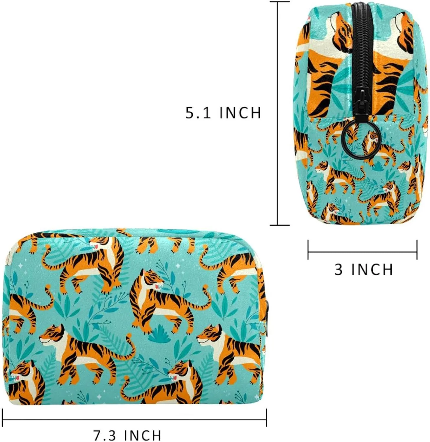 Makeup Organizer Bag, Tiger Pattern Animal Blue Green Leaves Pencil Case Cosmetic Storage Bag Portable Toiletry Pouch for Women, Men, Traveling, School