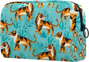 Makeup Organizer Bag, Tiger Pattern Animal Blue Green Leaves Pencil Case Cosmetic Storage Bag Portable Toiletry Pouch for Women, Men, Traveling, School