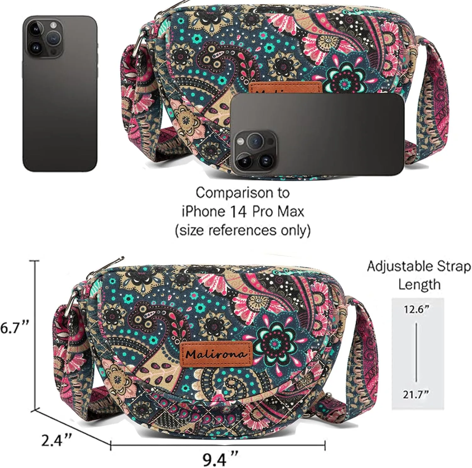 Malirona Women 's Durable Small Floral Crossbody Bag Canvas Messenger Handbag Multi Pocket Travel Satchel Purse