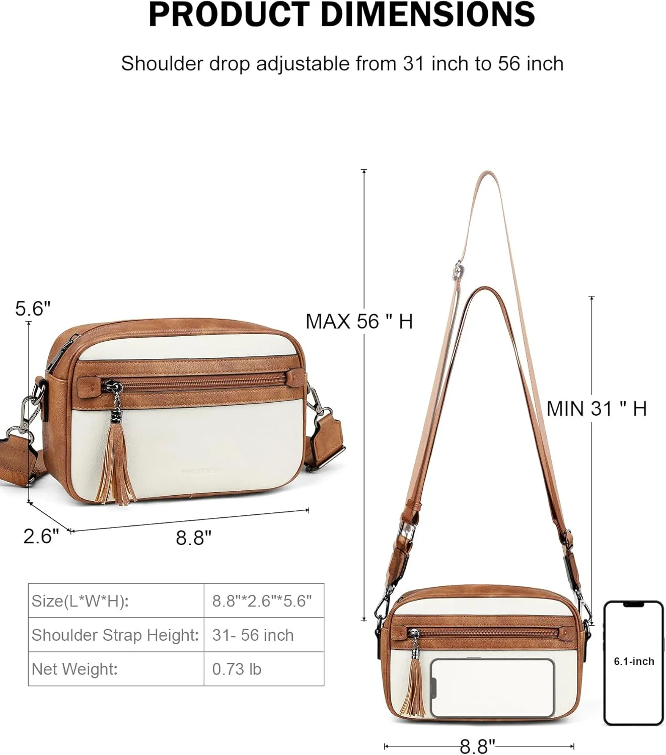 MASINTOR Crossbody Purses for Women Vegan Leather, Travel Purse Shoulder Handbag with Adjustable Strap and Tassel