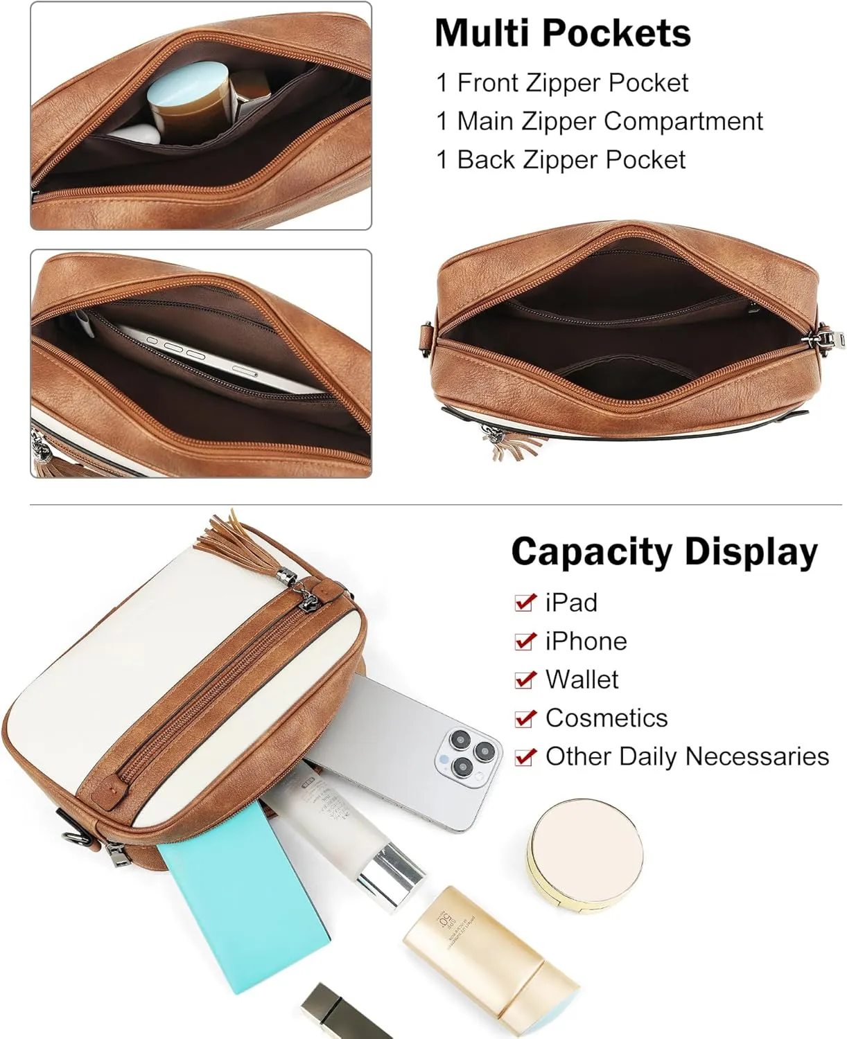MASINTOR Crossbody Purses for Women Vegan Leather, Travel Purse Shoulder Handbag with Adjustable Strap and Tassel