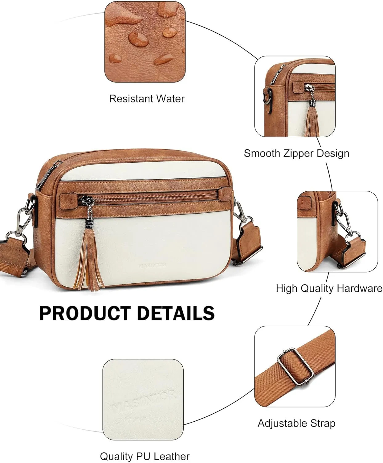 MASINTOR Crossbody Purses for Women Vegan Leather, Travel Purse Shoulder Handbag with Adjustable Strap and Tassel