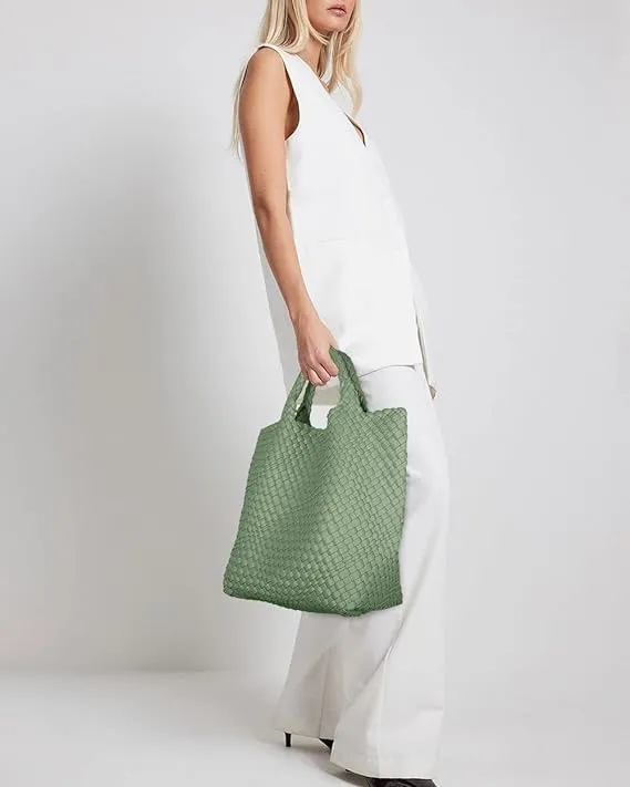 MECOLOR Womens Vegan Leather Woven Bag with Purse, Handmade Beach Tote Bag Top-handle Handbags