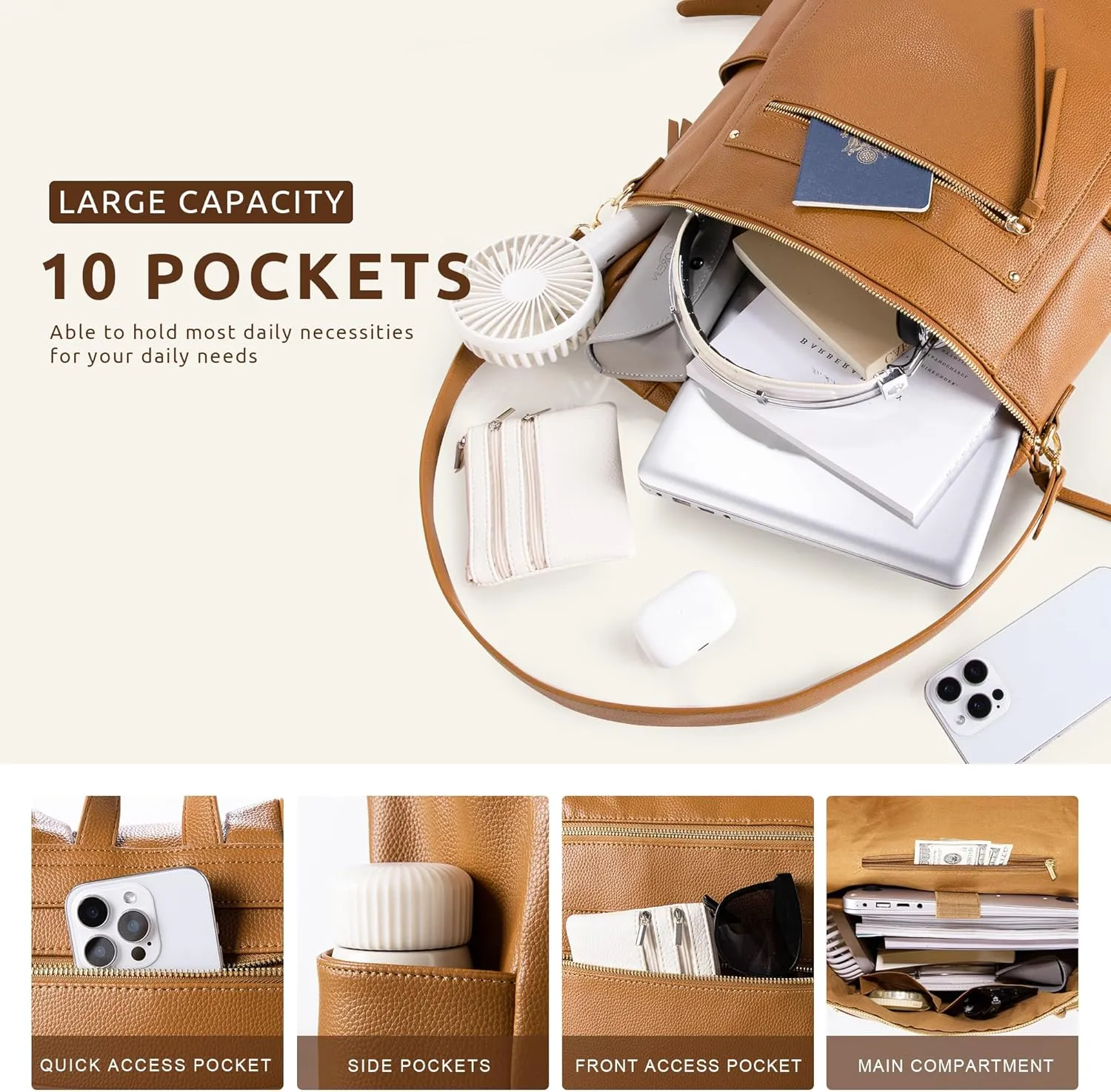 MEEJUNE Large Leather Backpack for Women Backpack Purse with Luggage Strap Crossdody Bag Travel Fashion Backpack Designer Ladies Shoulder bag with Adjustable Strap