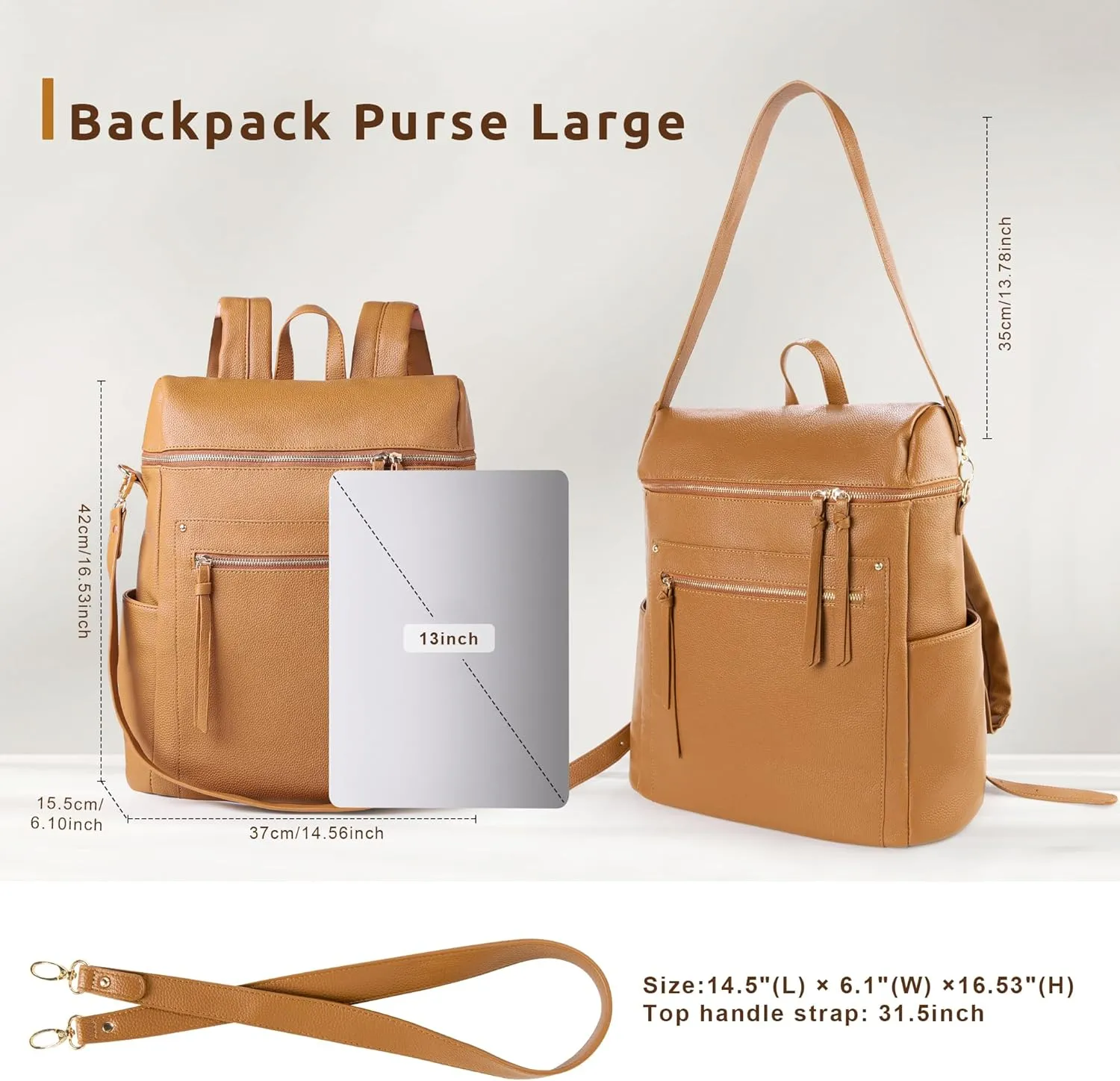 MEEJUNE Large Leather Backpack for Women Backpack Purse with Luggage Strap Crossdody Bag Travel Fashion Backpack Designer Ladies Shoulder bag with Adjustable Strap