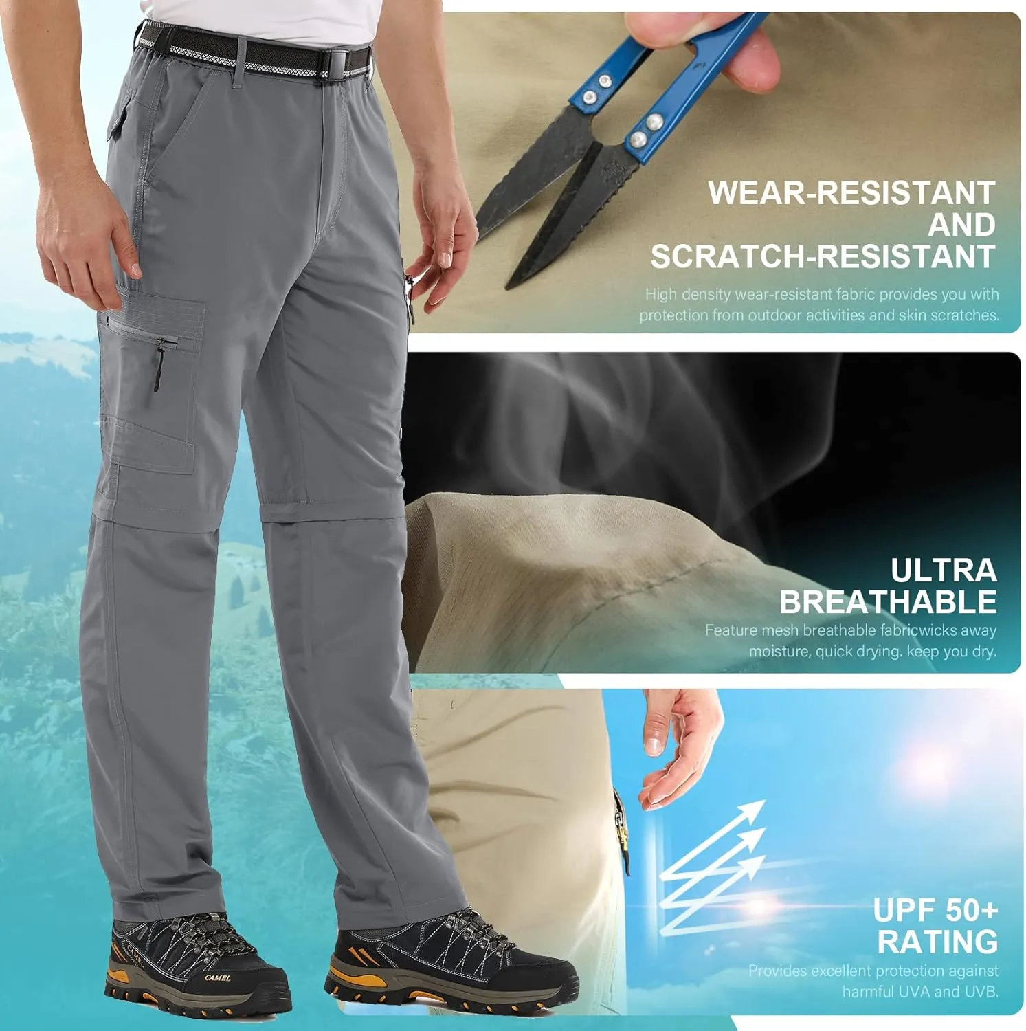 Mens Hiking Pants Convertible Zip Off Lightweight Quick Dry Fishing Safari Camping Travel boy Scout Pants