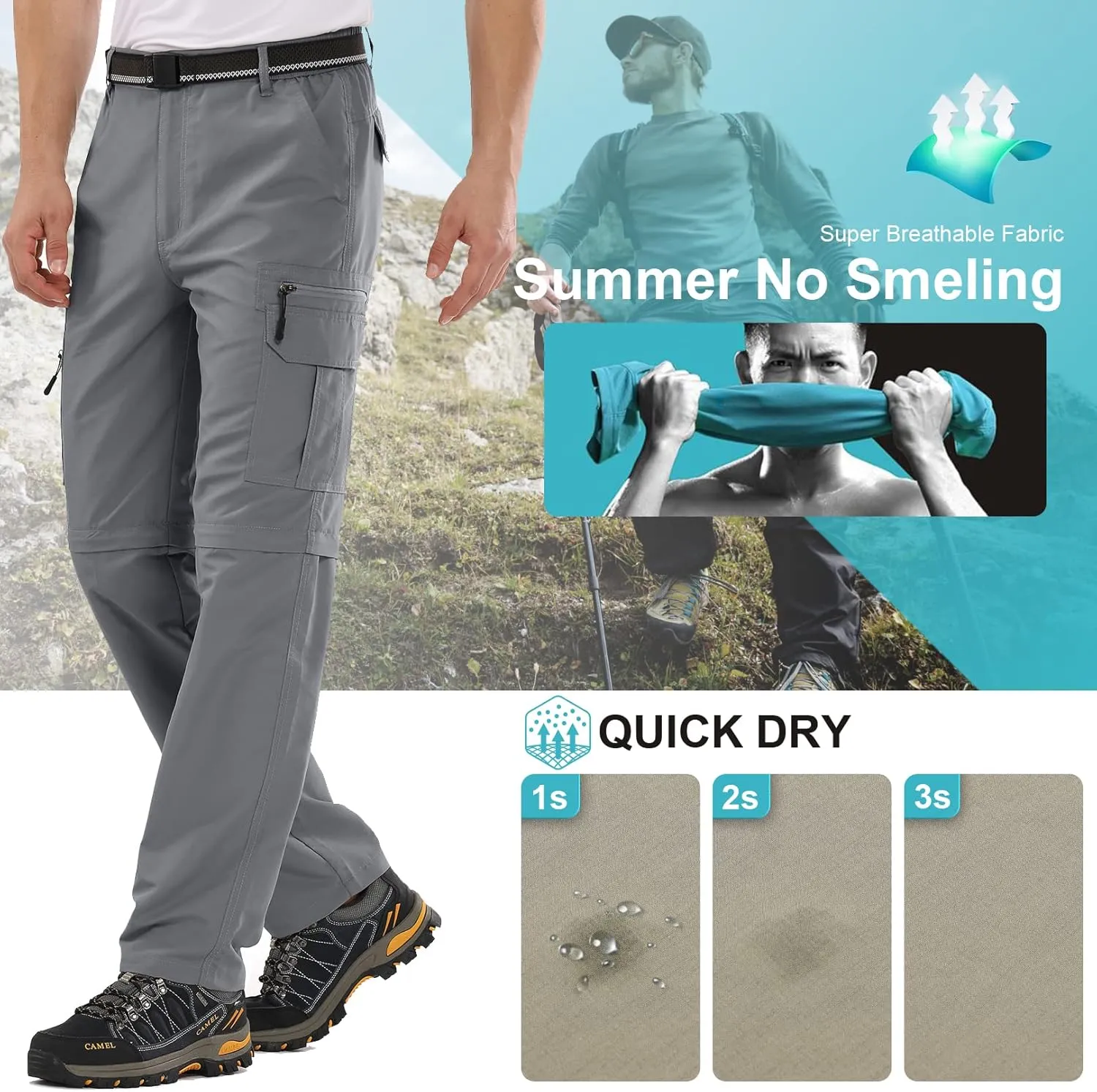 Mens Hiking Pants Convertible Zip Off Lightweight Quick Dry Fishing Safari Camping Travel boy Scout Pants