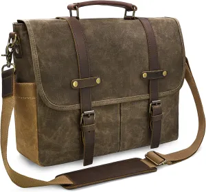 Mens Messenger Bag 15.6 Inch Waterproof Vintage Genuine Leather Waxed Canvas Briefcase Large Leather Computer Laptop Bag Rugged Satchel Shoulder Bag, Coffee