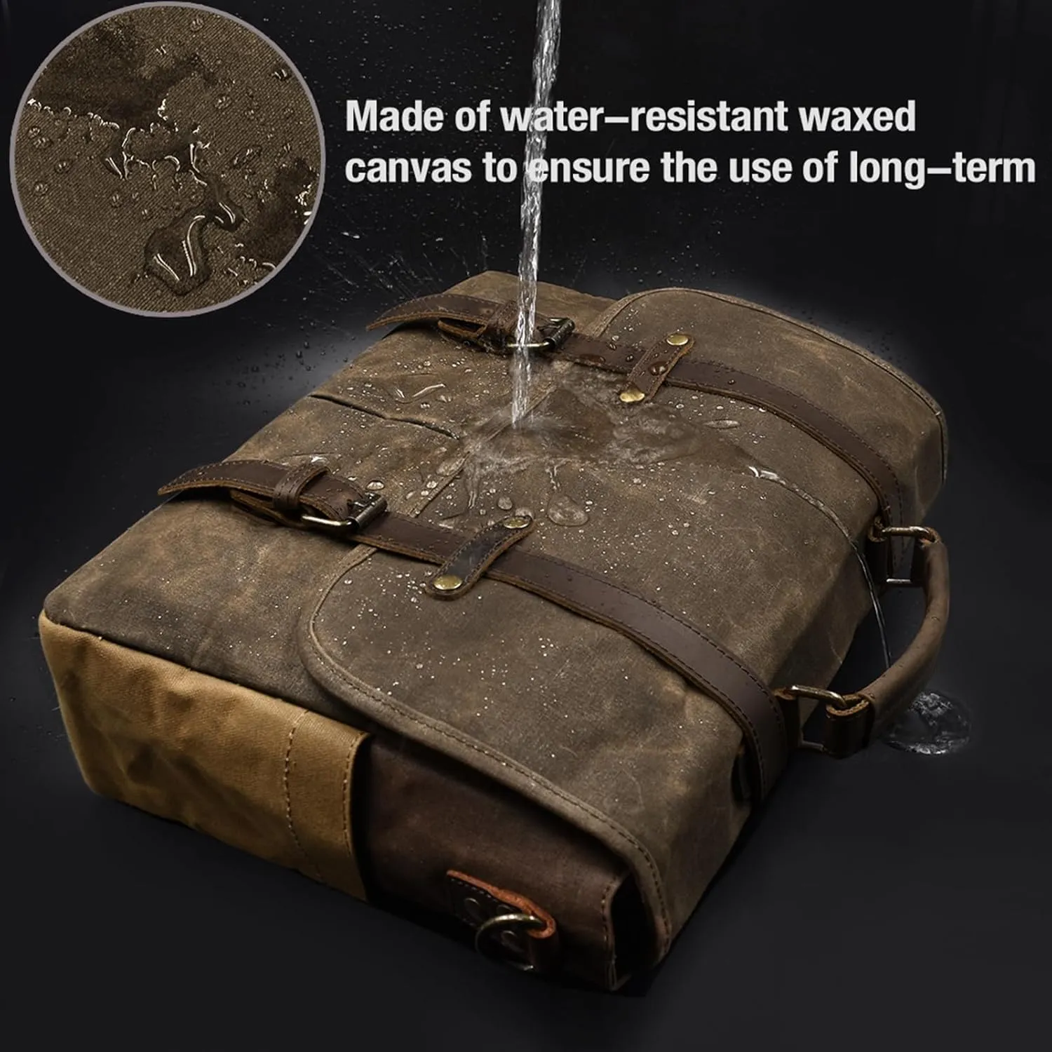 Mens Messenger Bag 15.6 Inch Waterproof Vintage Genuine Leather Waxed Canvas Briefcase Large Leather Computer Laptop Bag Rugged Satchel Shoulder Bag, Coffee