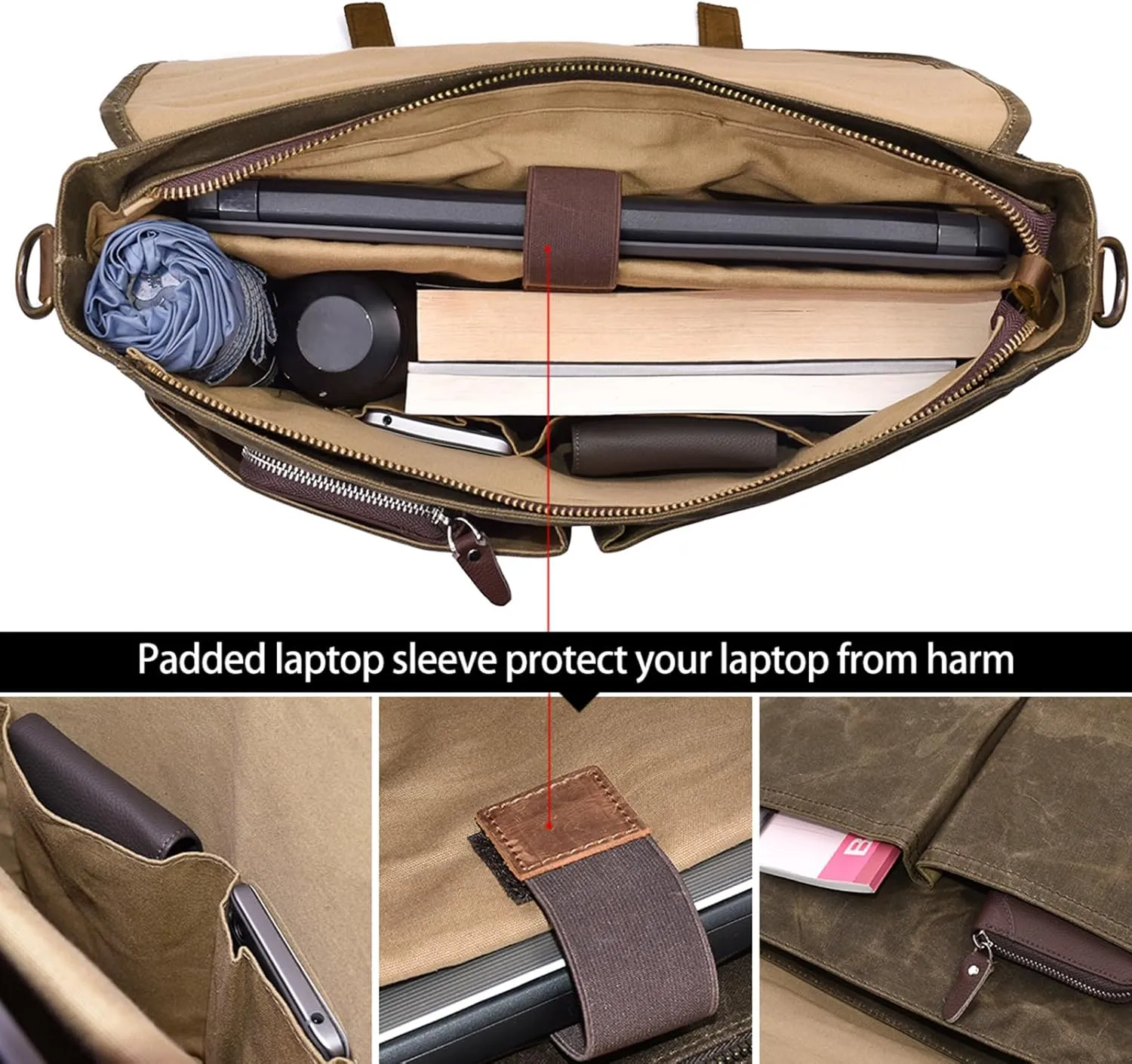 Mens Messenger Bag 15.6 Inch Waterproof Vintage Genuine Leather Waxed Canvas Briefcase Large Leather Computer Laptop Bag Rugged Satchel Shoulder Bag, Coffee