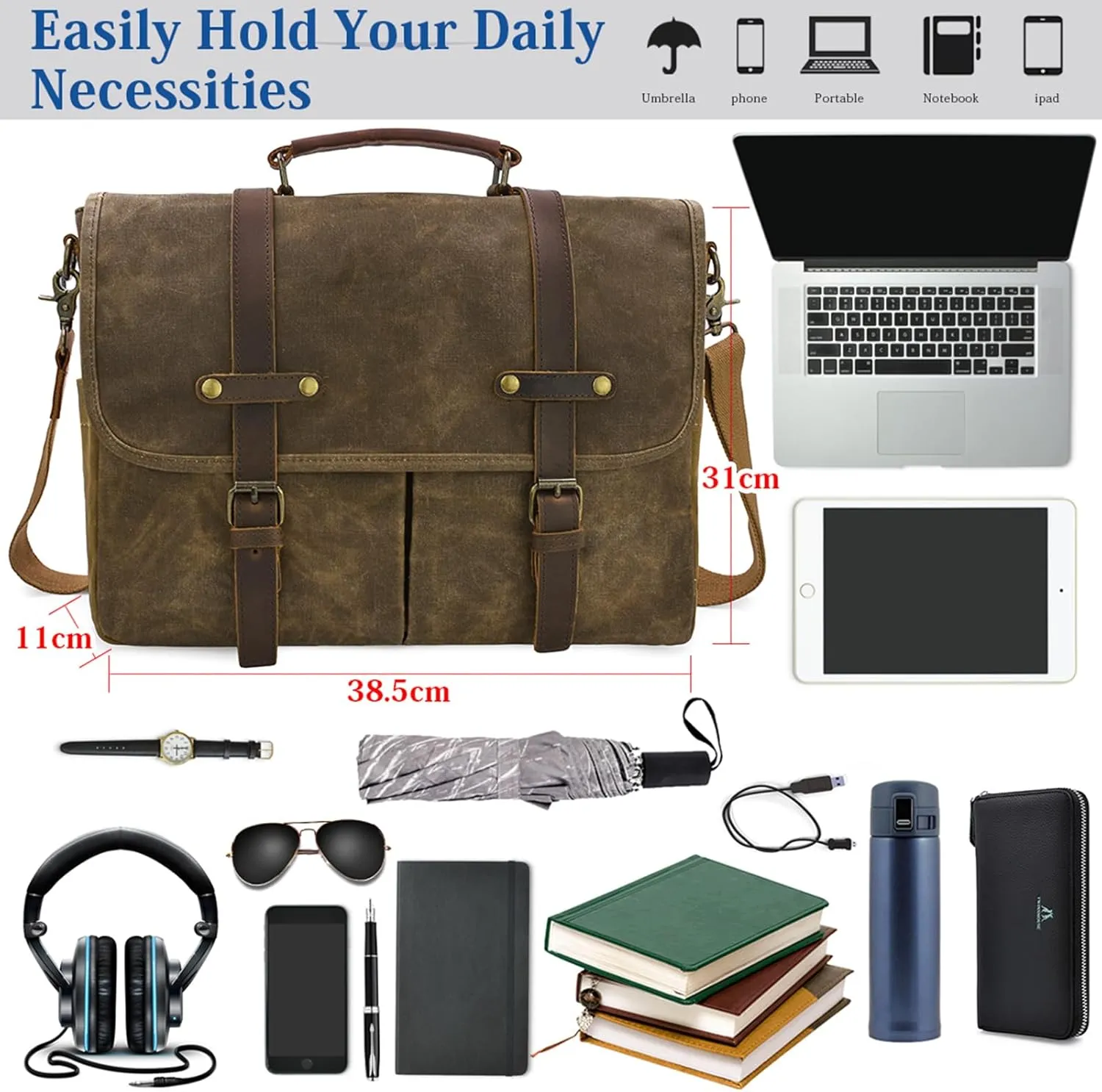 Mens Messenger Bag 15.6 Inch Waterproof Vintage Genuine Leather Waxed Canvas Briefcase Large Leather Computer Laptop Bag Rugged Satchel Shoulder Bag, Coffee