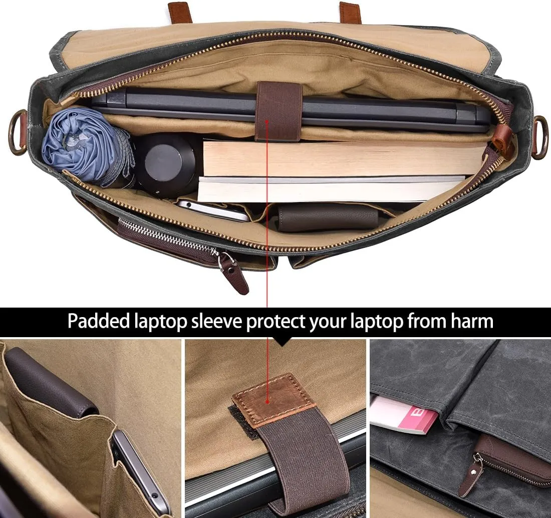 Mens Messenger Bag 15.6 Inch Waterproof Vintage Genuine Leather Waxed Canvas Briefcase Large Satchel Shoulder Bag Rugged Leather Computer Laptop Bag, Grey
