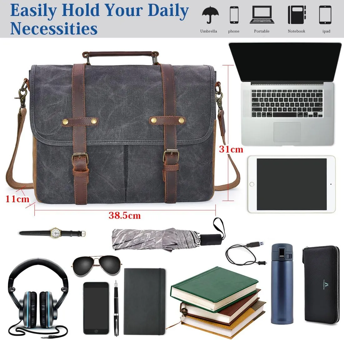 Mens Messenger Bag 15.6 Inch Waterproof Vintage Genuine Leather Waxed Canvas Briefcase Large Satchel Shoulder Bag Rugged Leather Computer Laptop Bag, Grey