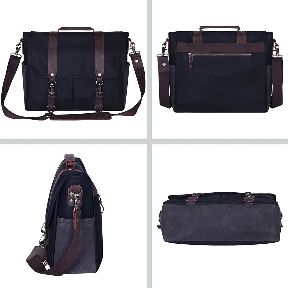 Mens Messenger Bag Waterproof Vintage Genuine Leather Waxed Canvas Briefcase Large Satchel Shoulder Bag Laptop Bag