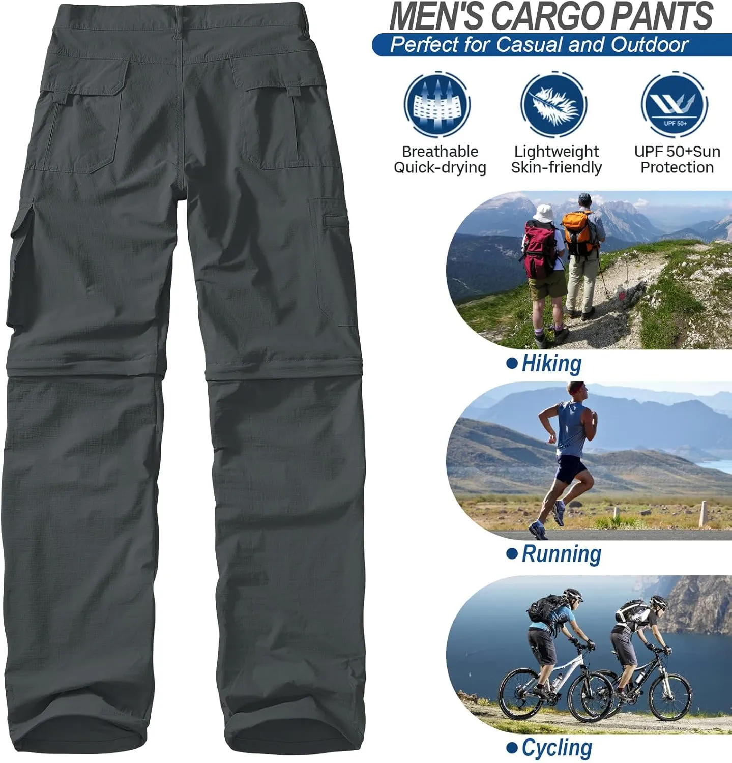 Men's Outdoor Quick Dry Convertible Lightweight Hiking Fishing Zip Off Safari Trousers