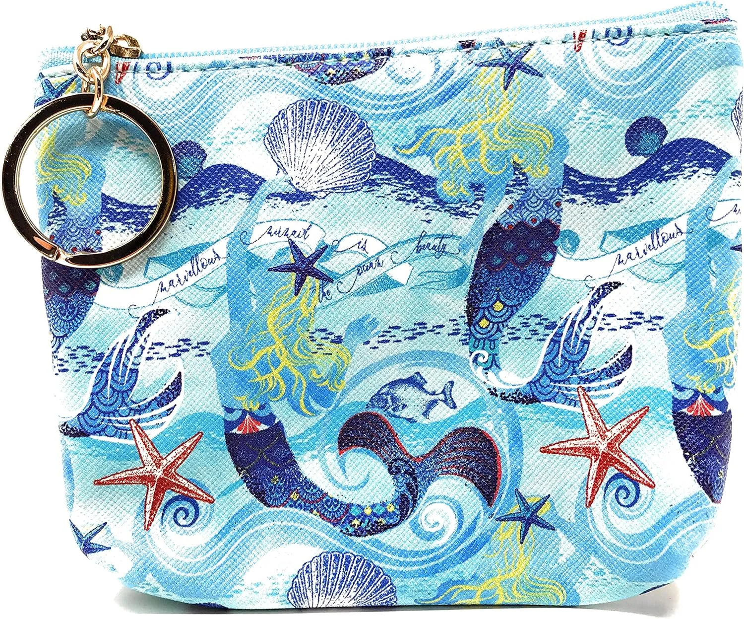 Mermaids and Starfish Zippered Coin Purse Pouch with Key Ring