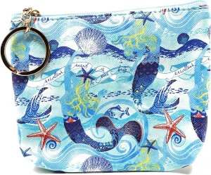 Mermaids and Starfish Zippered Coin Purse Pouch with Key Ring