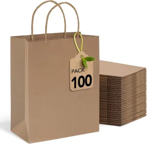 MESHA Gift Bags 10X5X13'' 100Pcs, Large Brown Paper Bags with Handles Bulk,Reusable Kraft Shopping Bag for Small Business,Merchandise,Retail,Birthday,Kids Party,Favors