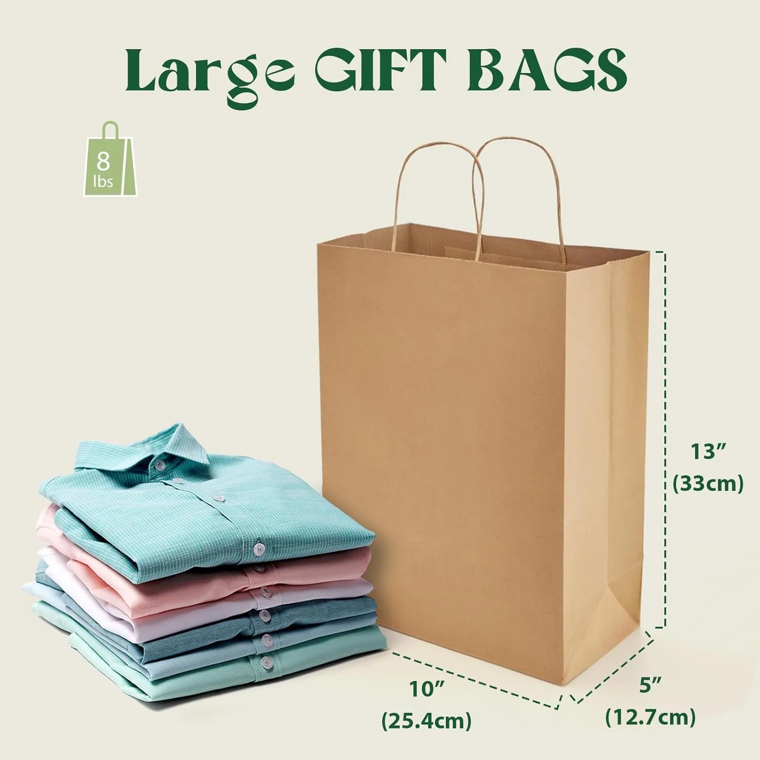 MESHA Gift Bags 10X5X13'' 100Pcs, Large Brown Paper Bags with Handles Bulk,Reusable Kraft Shopping Bag for Small Business,Merchandise,Retail,Birthday,Kids Party,Favors