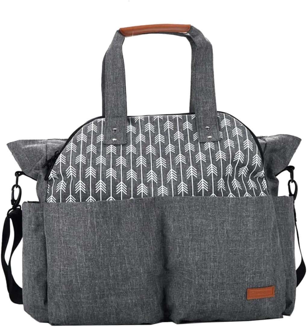 Messenger Diaper Bag for Mom Large Travel Backpack Side Wipes Pocket Elegant Grey Arrow Pattern