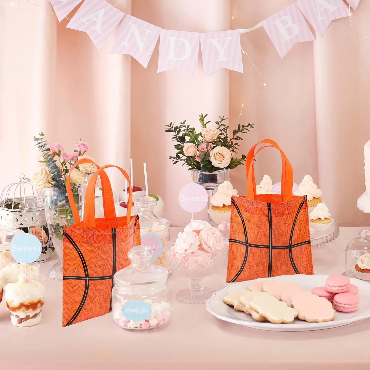 Mimind 24-Piece Basketball Non-Woven Party Favor Bags with Handles - 7.8 x 7.8 Inch, Perfect for Sports Theme Party, Baby Shower, Birthday