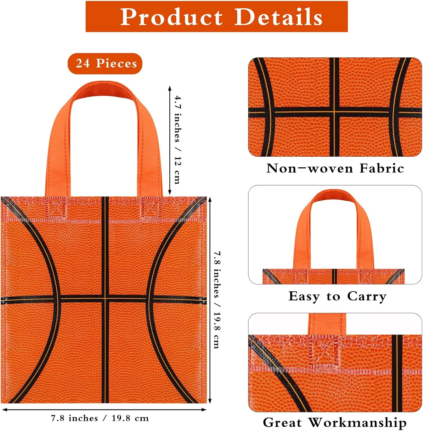 Mimind 24-Piece Basketball Non-Woven Party Favor Bags with Handles - 7.8 x 7.8 Inch, Perfect for Sports Theme Party, Baby Shower, Birthday