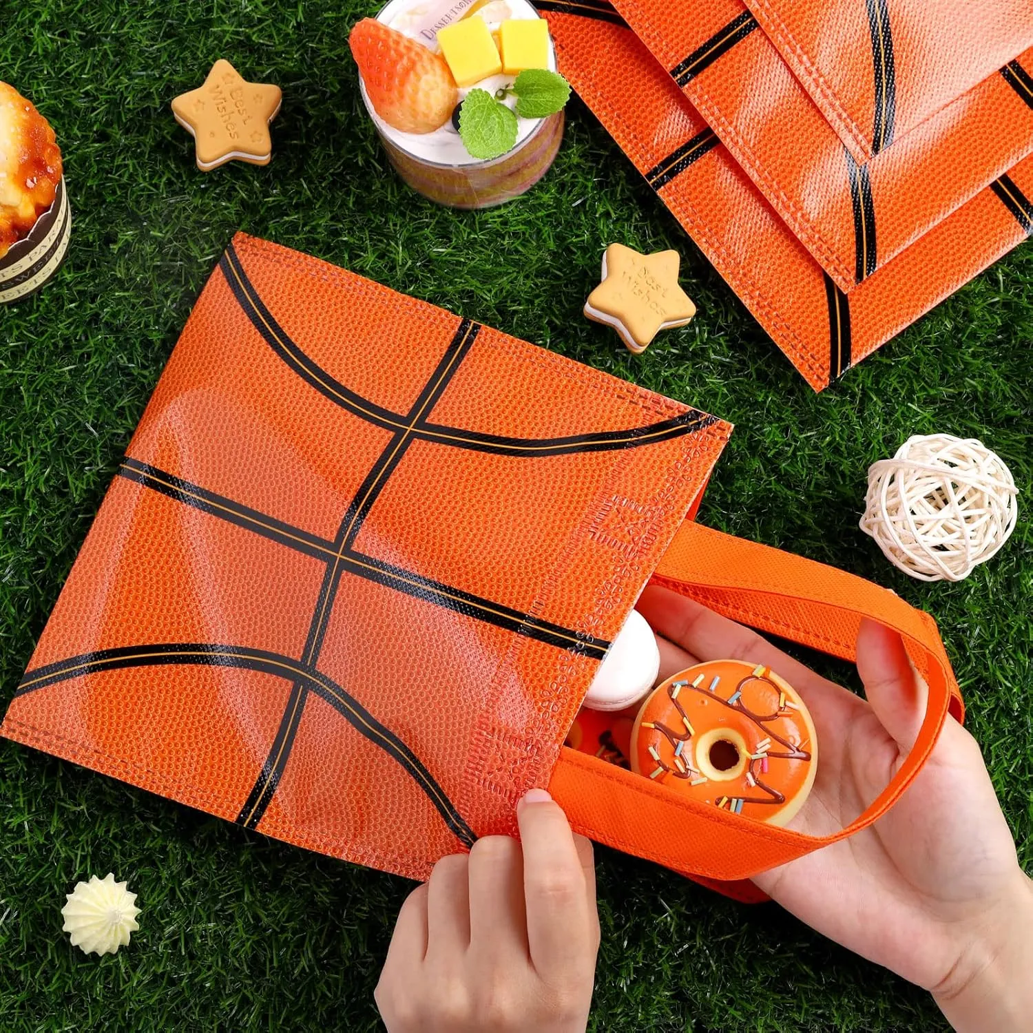 Mimind 24-Piece Basketball Non-Woven Party Favor Bags with Handles - 7.8 x 7.8 Inch, Perfect for Sports Theme Party, Baby Shower, Birthday