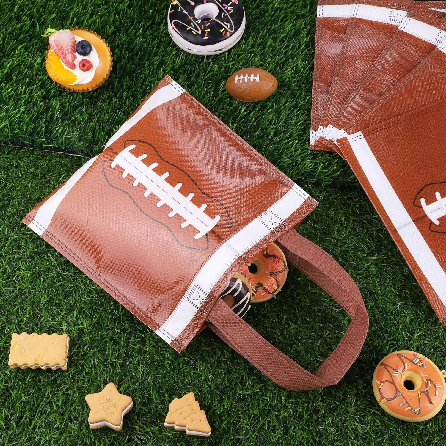 Mimind 24-Piece Football Non-Woven Party Favor Bags with Handles - 7.8 x 7.8 Inch, Perfect for Sports Theme Parties, Birthdays, Superbowl Decorations