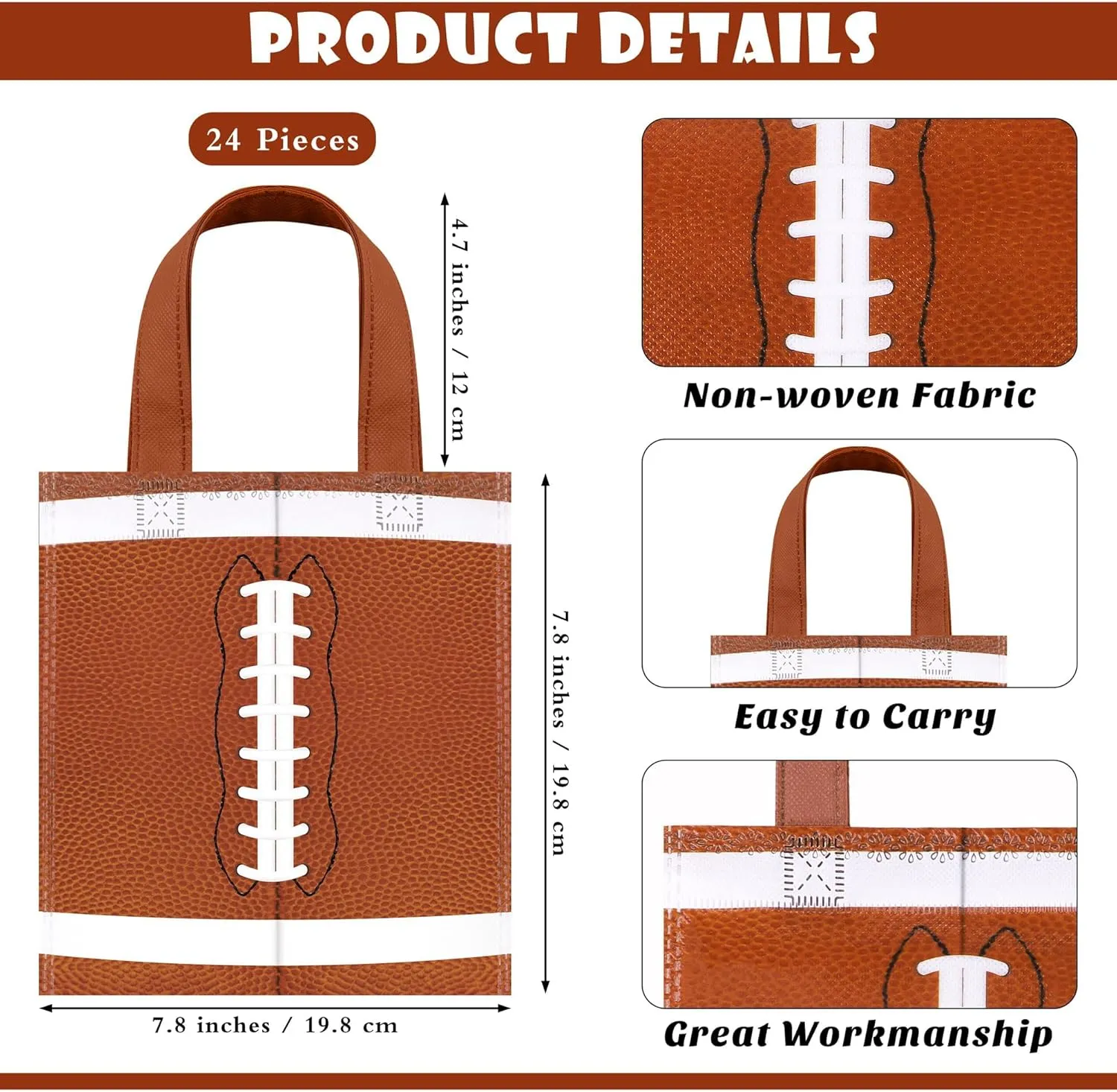 Mimind 24-Piece Football Non-Woven Party Favor Bags with Handles - 7.8 x 7.8 Inch, Perfect for Sports Theme Parties, Birthdays, Superbowl Decorations