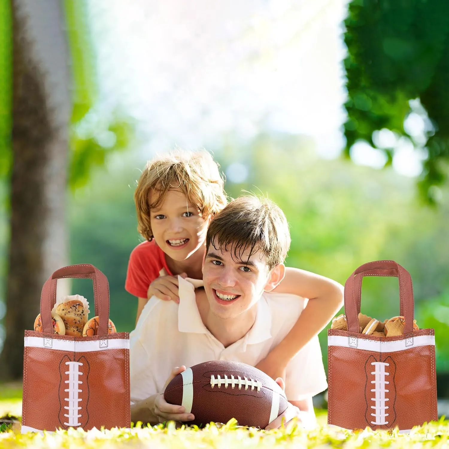 Mimind 24-Piece Football Non-Woven Party Favor Bags with Handles - 7.8 x 7.8 Inch, Perfect for Sports Theme Parties, Birthdays, Superbowl Decorations