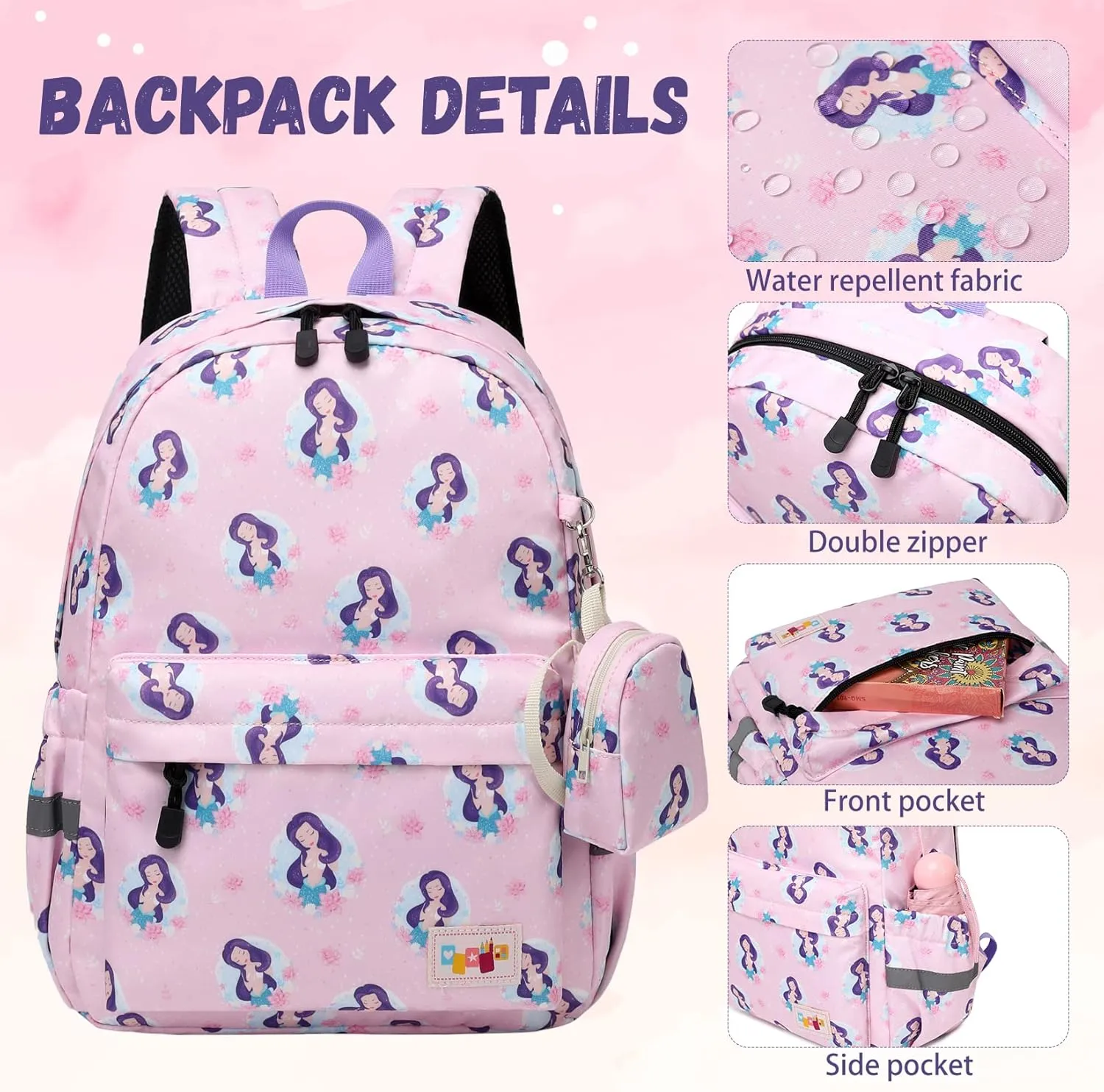 MIRLEWAIY Little Kids Backpack Girls Preschool Kindergarten School Bag with Coin Pouch, Mermaid with Green Fish Tail, Rose Pink
