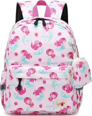 MIRLEWAIY Little Kids Backpack Girls Preschool Kindergarten School Bag with Coin Pouch, Mermaid with Green Fish Tail, Rose Pink