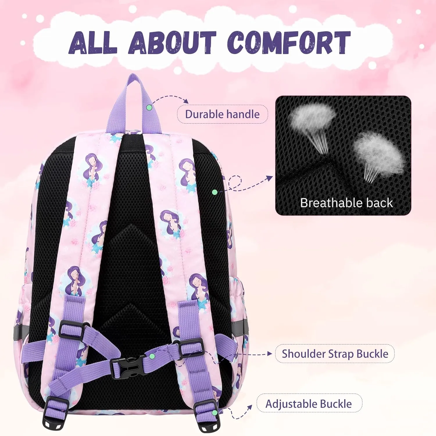 MIRLEWAIY Little Kids Backpack Girls Preschool Kindergarten School Bag with Coin Pouch, Mermaid with Green Fish Tail, Rose Pink