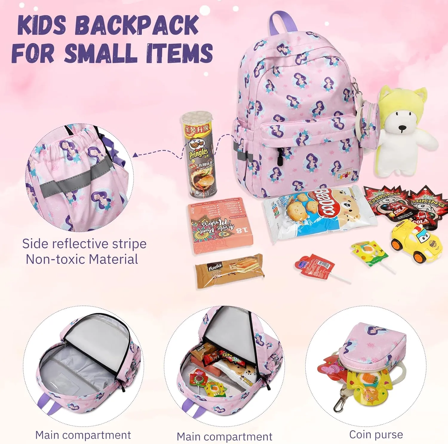 MIRLEWAIY Little Kids Backpack Girls Preschool Kindergarten School Bag with Coin Pouch, Mermaid with Green Fish Tail, Rose Pink