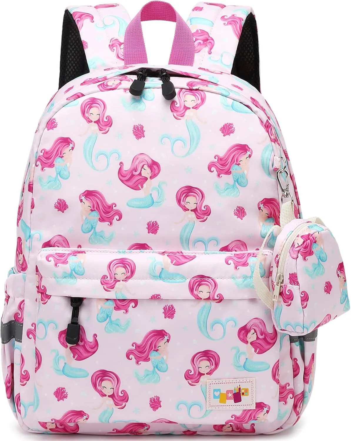 MIRLEWAIY Little Kids Backpack Girls Preschool Kindergarten School Bag with Coin Pouch, Mermaid with Green Fish Tail, Rose Pink