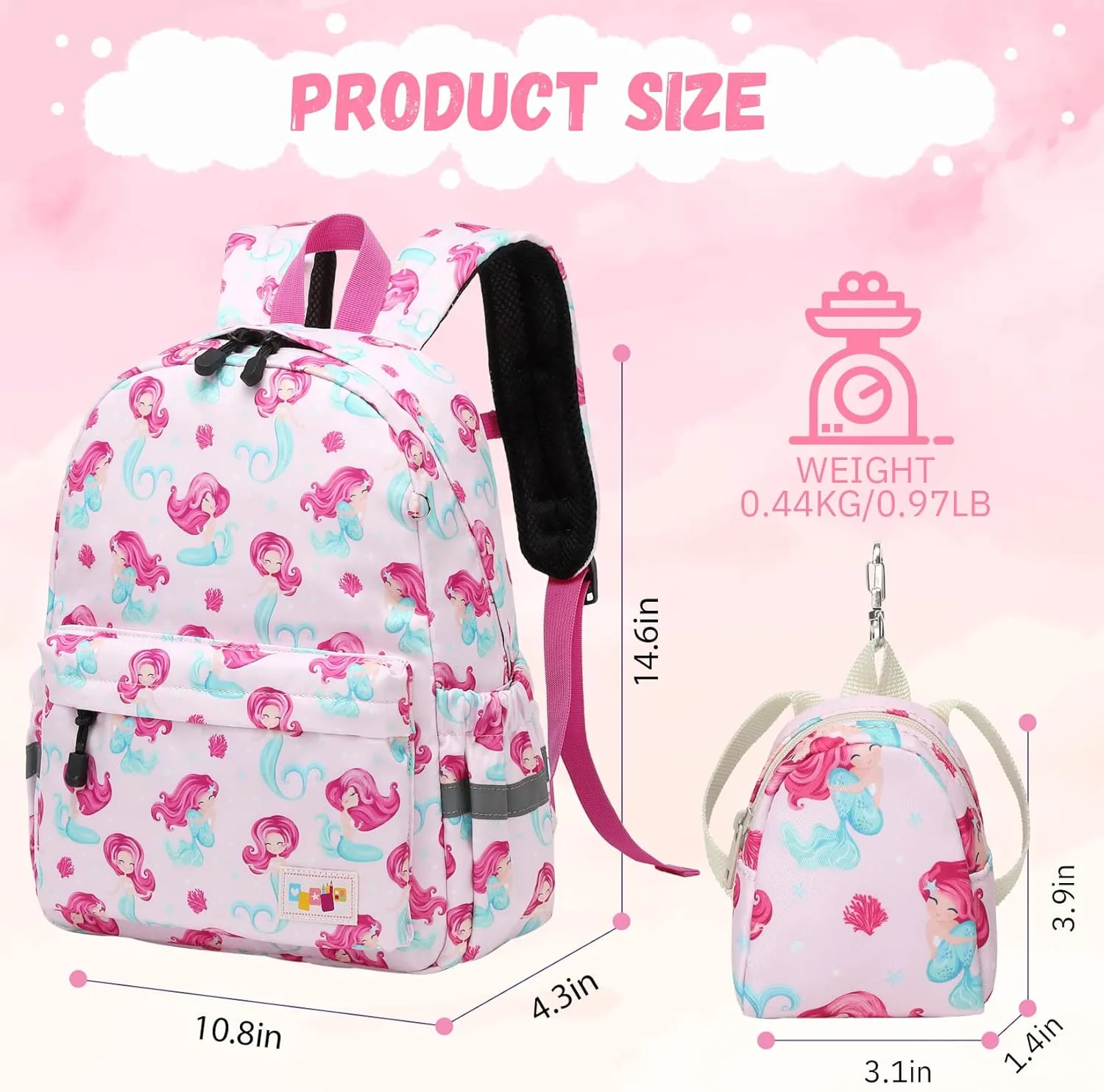 MIRLEWAIY Little Kids Backpack Girls Preschool Kindergarten School Bag with Coin Pouch, Mermaid with Green Fish Tail, Rose Pink
