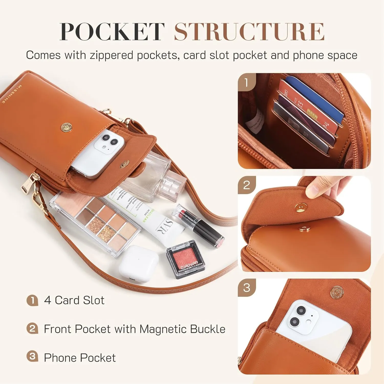 Missnine Small Crossbody Bags for Women Vegan Leather Cell Phone Purses Trendy RFID Wallet Purses with Adjustable Strap
