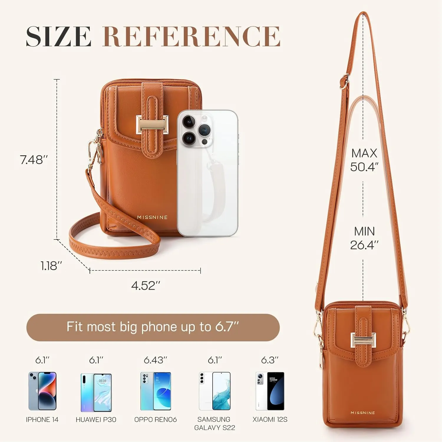 Missnine Small Crossbody Bags for Women Vegan Leather Cell Phone Purses Trendy RFID Wallet Purses with Adjustable Strap