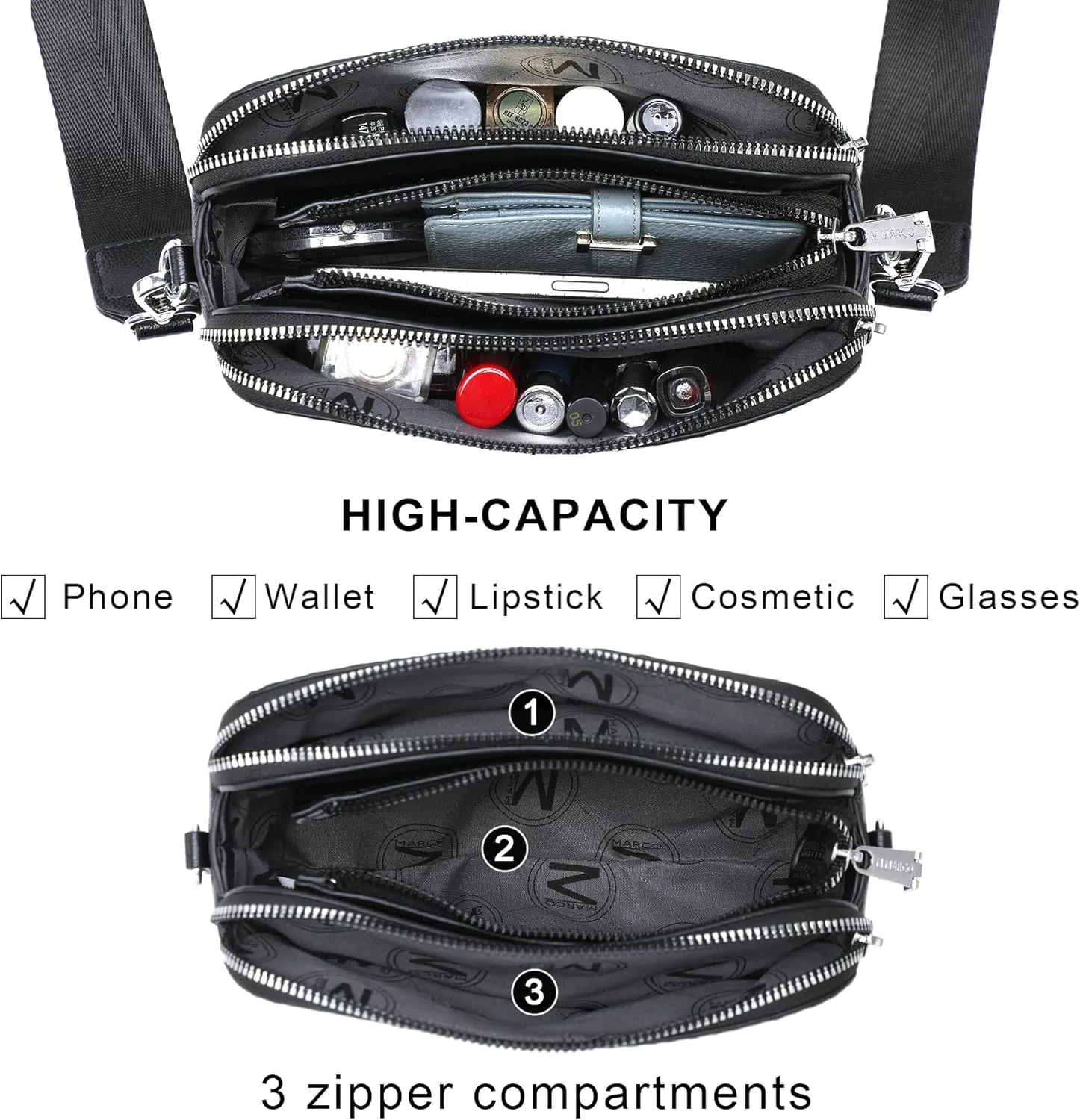 MKP COLLECTION Crossbody Bags for Women Small Shoulder Purses with Adjustable Wide Strap, Triple Zip Design