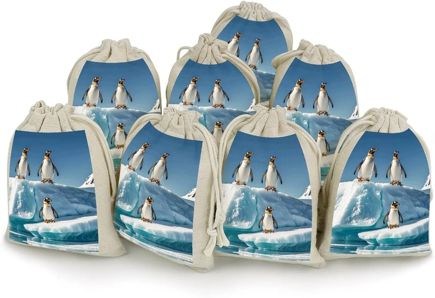 MNVTSKOP Muslin Bags Small Drawstring Bag Penguins On The Iceberg Muslin Sachet Bags Drawstring Jewelry Pouches Reusable Gift Bag Cloth Pouch for Wedding Party Favor Jewelry DIY Crafts 8pcs
