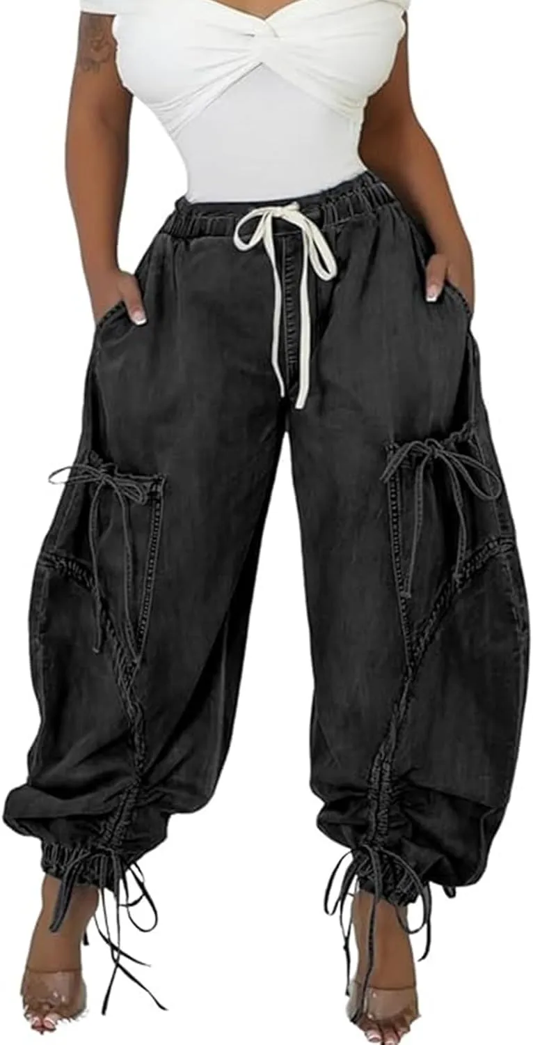 Molisry Women's Drawstring Wide Leg Jeans High Wasited Y2K Harem Baggy Pants Denim Casual Streetwear