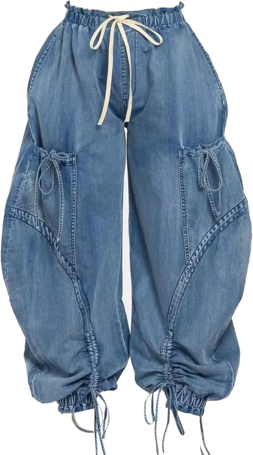Molisry Women's Drawstring Wide Leg Jeans High Wasited Y2K Harem Baggy Pants Denim Casual Streetwear