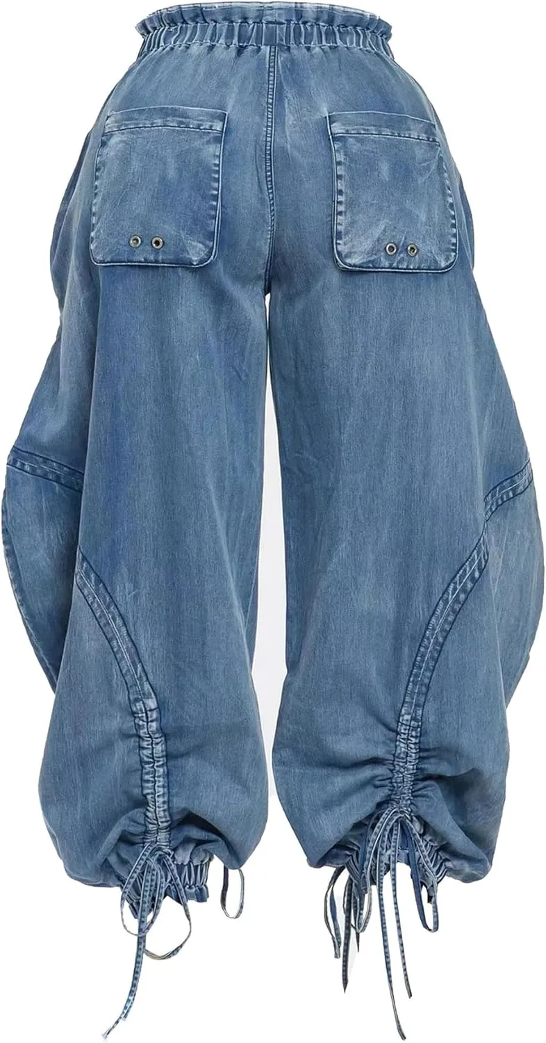 Molisry Women's Drawstring Wide Leg Jeans High Wasited Y2K Harem Baggy Pants Denim Casual Streetwear