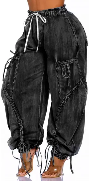 Molisry Women's Drawstring Wide Leg Jeans High Wasited Y2K Harem Baggy Pants Denim Casual Streetwear