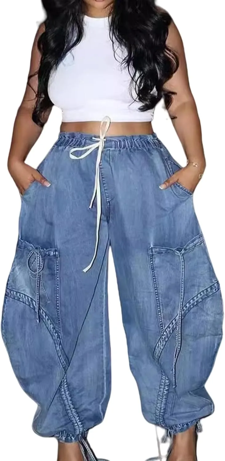 Molisry Women's Drawstring Wide Leg Jeans High Wasited Y2K Harem Baggy Pants Denim Casual Streetwear