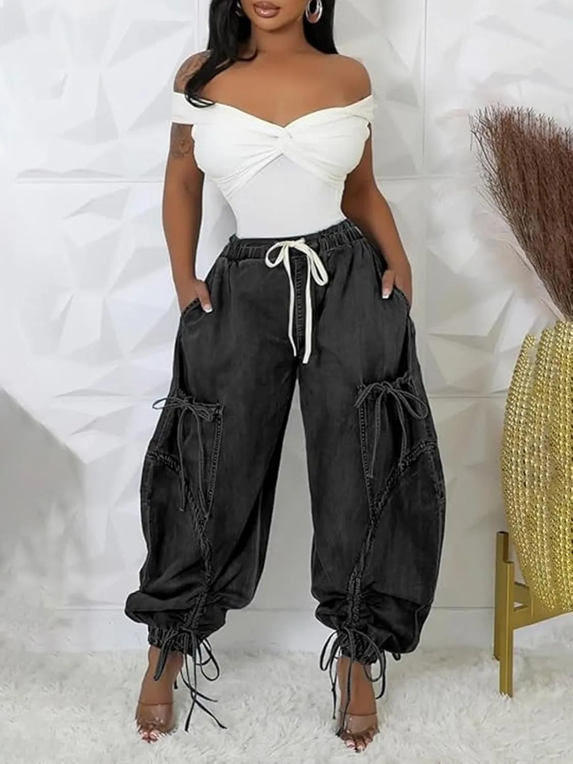Molisry Women's Drawstring Wide Leg Jeans High Wasited Y2K Harem Baggy Pants Denim Casual Streetwear