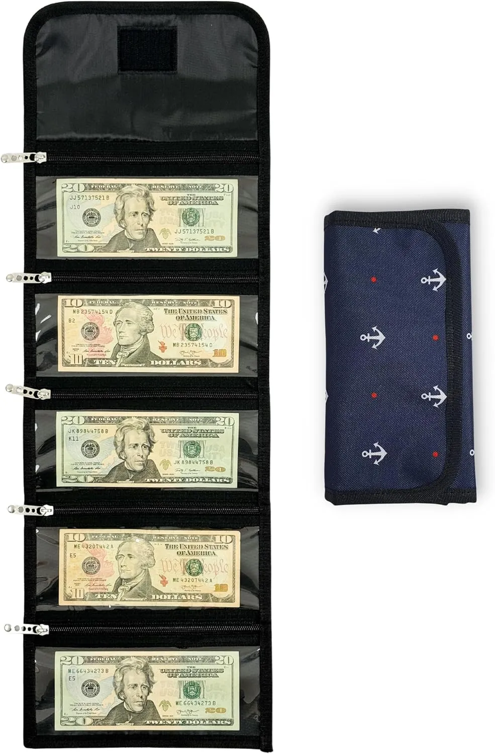 Money Wallet Organizer for Cash with 5 Zippered Pockets - Handy Currency Organizer & Cash Envelope Wallet - Ideal Money Holder for Bills, Coins, Foreign Currencies and Travel - Anchor