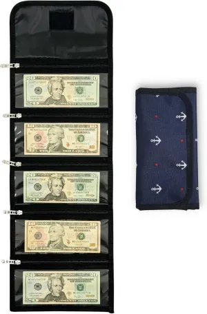Money Wallet Organizer for Cash with 5 Zippered Pockets - Handy Currency Organizer & Cash Envelope Wallet - Ideal Money Holder for Bills, Coins, Foreign Currencies and Travel - Anchor